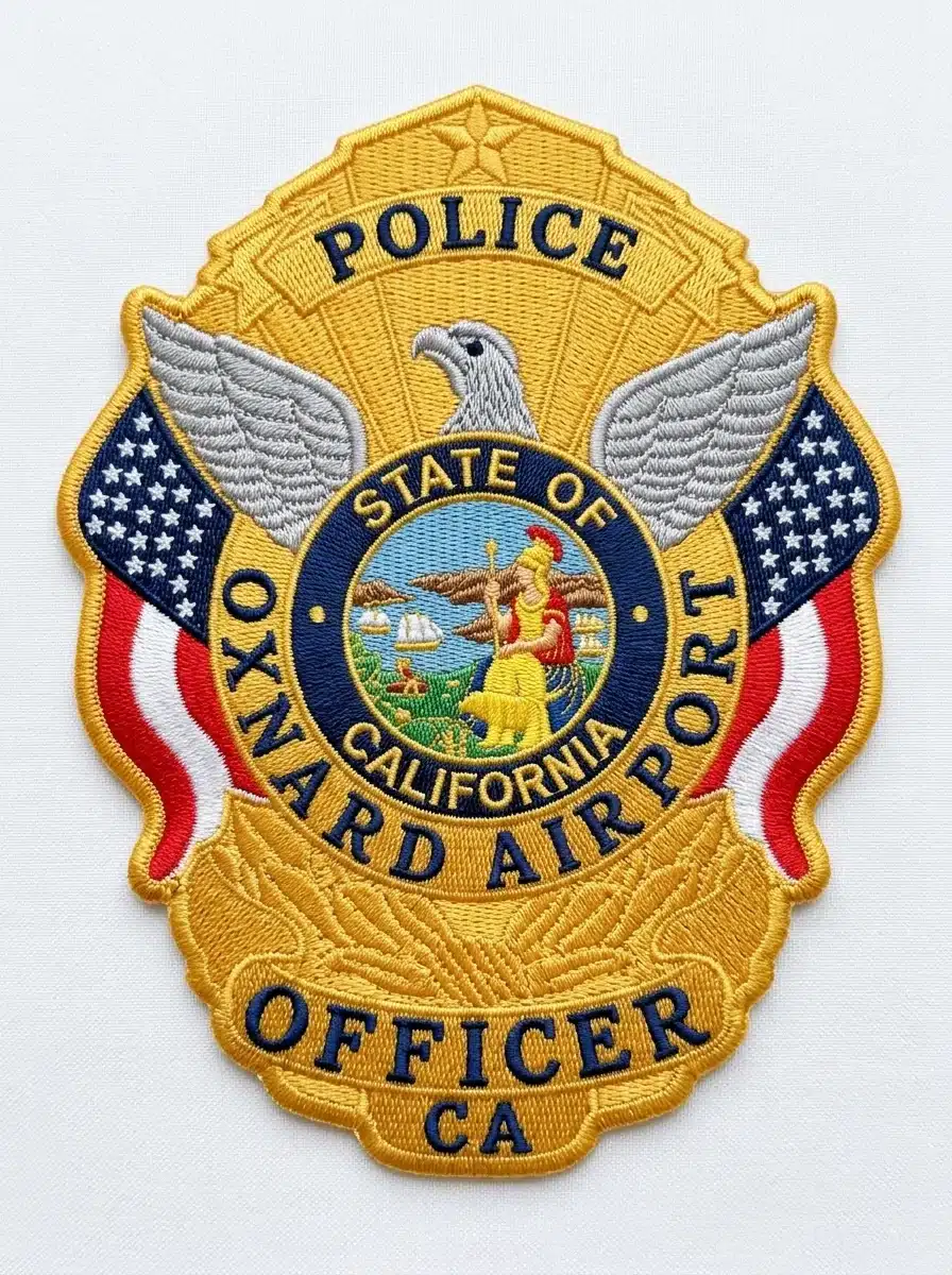 Embroidered gold police badge patch with a silver spread-wing eagle, two American flags, a full-color state seal in a navy ring and navy lettering