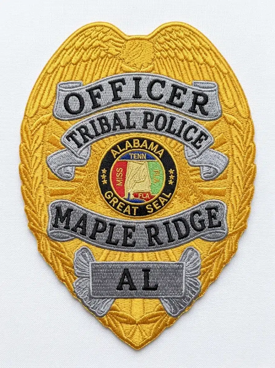 Embroidered gold police badge patch with an eagle-wing crest, a sunburst field, silver scroll banners with black lettering and a full-color state seal