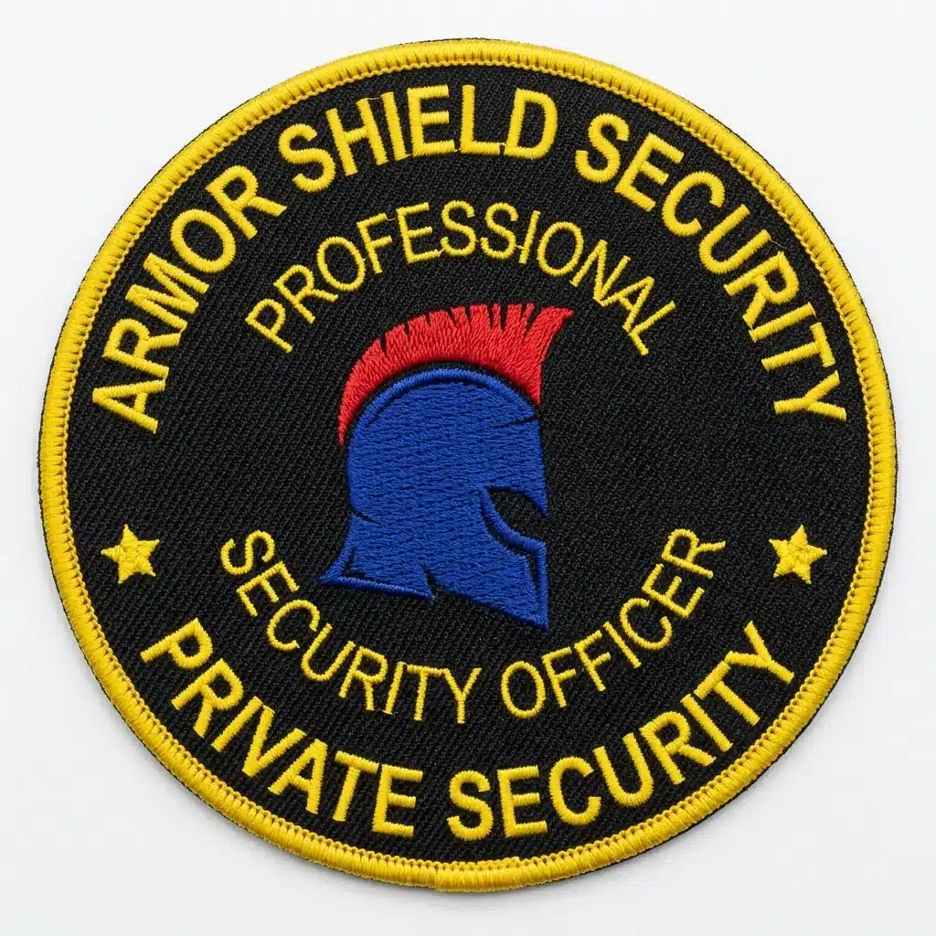 Embroidered round security patch in black with yellow lettering in outer and inner rings, a blue spartan helmet with a red crest at the center and a yellow merrowed border