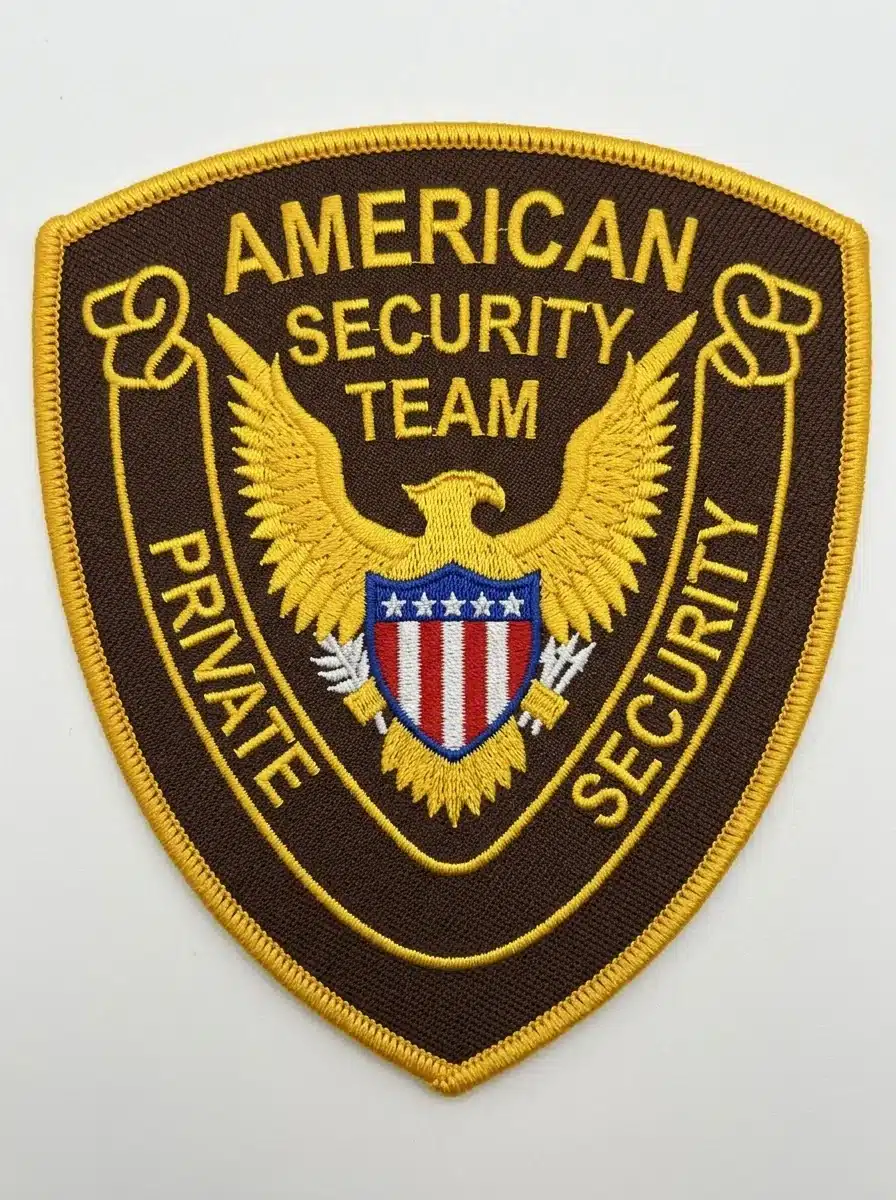 Embroidered shield security guard patch in brown with gold lettering, a gold spread-wing eagle holding a red, white and blue shield, a gold scroll and a gold merrowed border