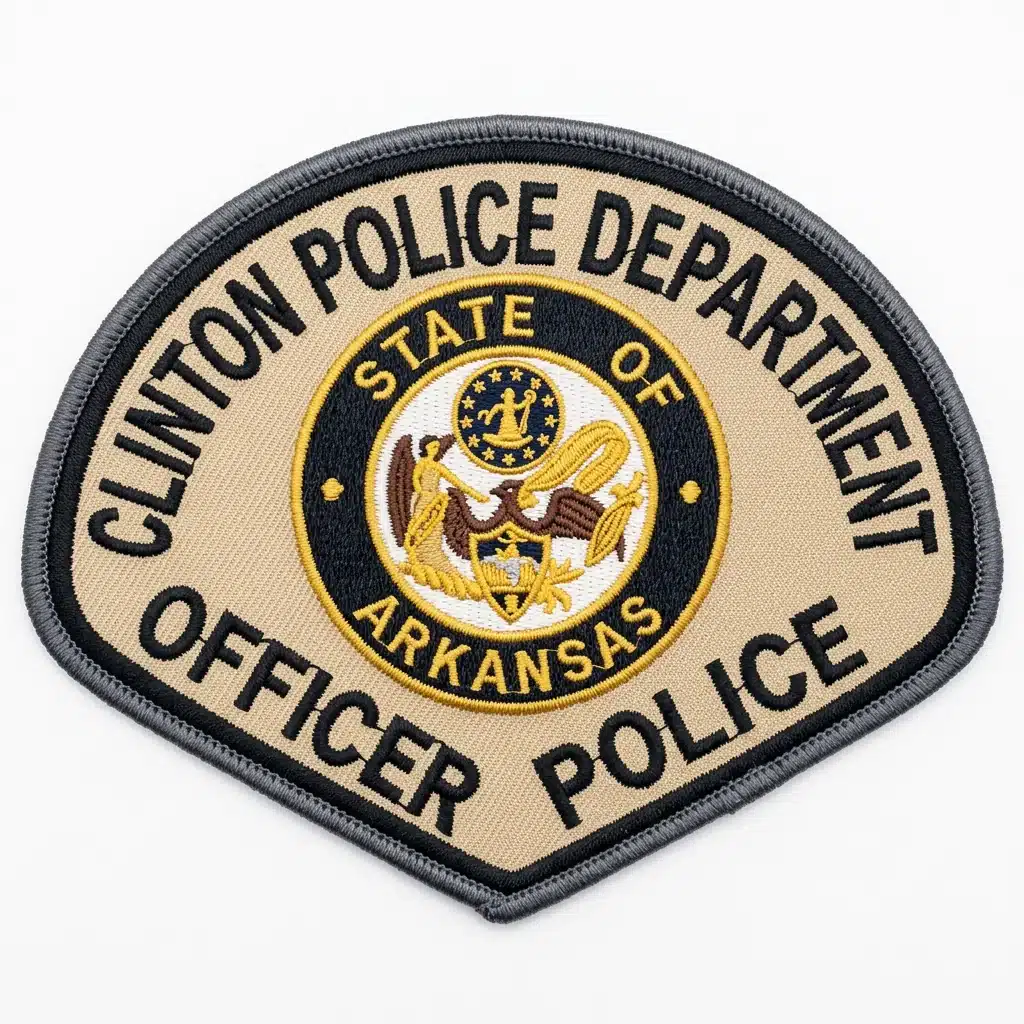 Embroidered cascade-shaped police shoulder patch on tan twill with black lettering, a gold and navy state seal and a gray merrowed border