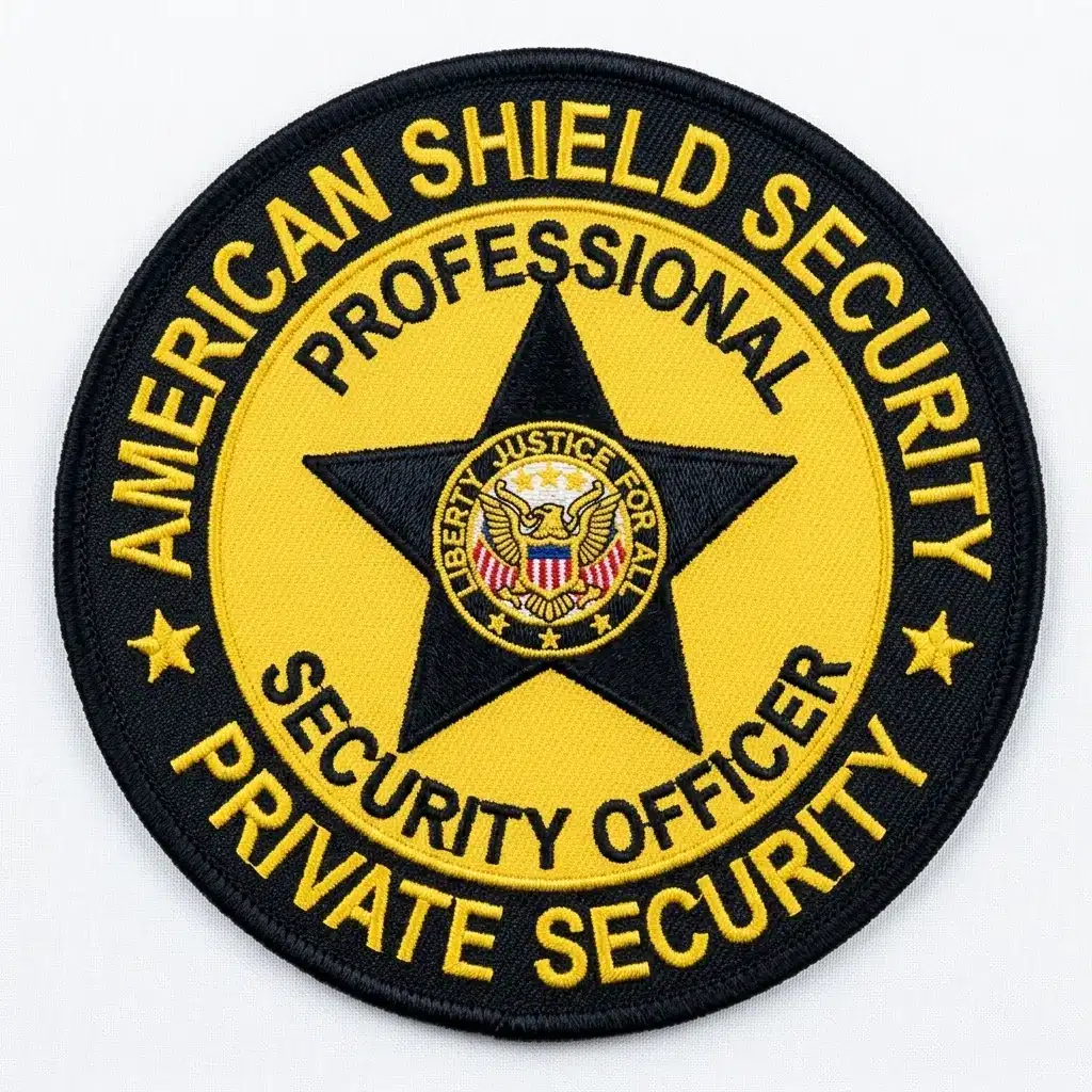 Embroidered round security patch with a black outer band and yellow center, a large black five-point star holding a gold eagle seal, and a black merrowed border