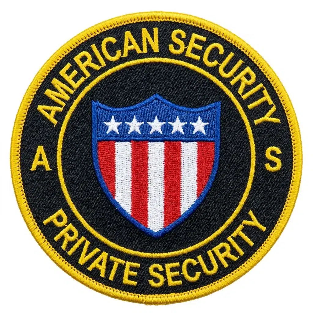 Embroidered round security patch in black with gold arc lettering, single gold letters at each side, a large flag shield at the center and a gold merrowed border