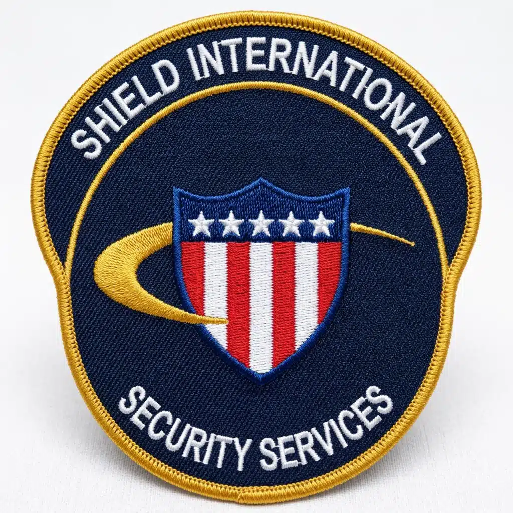 Embroidered domed round security patch in navy with white lettering, a flag shield circled by a gold swoosh at the center and a gold merrowed border