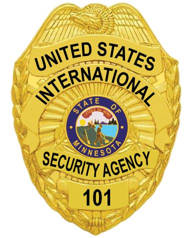 cops badges United States International security agency a gold badge with a blue circle and a blue circle with a black text