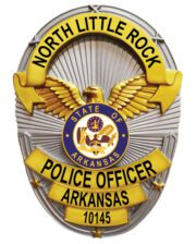 police officer badge North little Rock Police Officer silver badge with black text and state of Arkansas center seal. Style # 6-j1