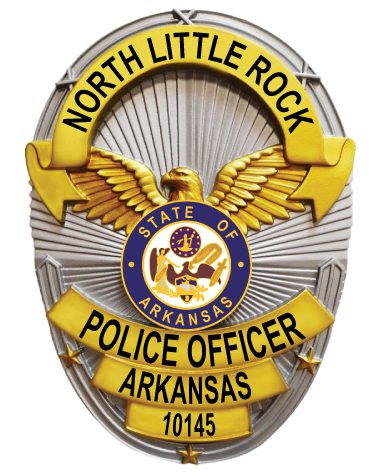 police officer badge North little Rock Police Officer silver badge with black text and state of Arkansas center seal. Style # 6-j1