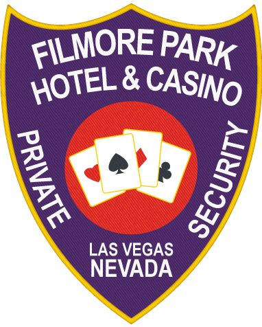 Custom Iron on patches Filmore Park hotel and Casino security patch a purple shield with white text and playing cards