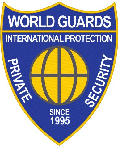 embroidered patch world guards international protection security patch a blue shield with white text and yellow globe