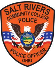 sewn patches salt rivers community college police officer a orange patch with a black text and blue emblem