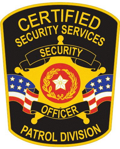 Custom cloth patches Certified security services patrol division officer patch a yellow and black badge with red and white text
