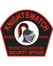 custom cloth patch knights watch protection group a black and red patch with a helmet and red text