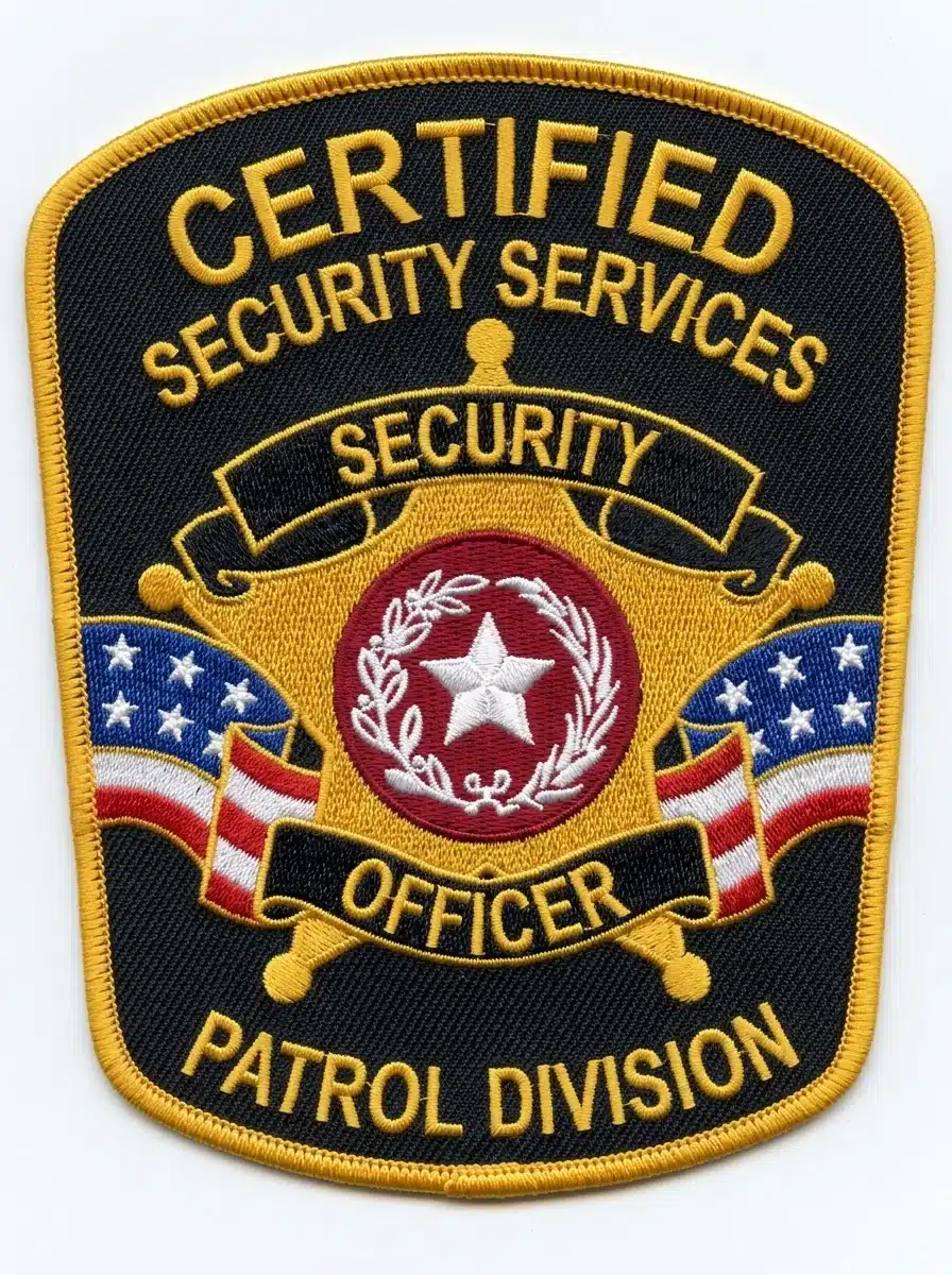 Embroidered tombstone security officer patch in black with gold lettering, a gold badge star over waving flag ribbons, a maroon center seal and a gold merrowed border