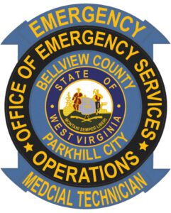Embroidered patch emergency medical operation bellview county parkhill city patch with west virginia state seal and blue background with gold text.