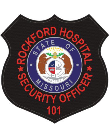 custom patches for hospital security a black shield with red text and blue and white logo