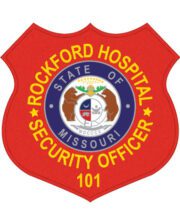 custom patches for hospital security a red shield with yellow text and blue and white logo