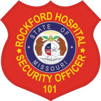 custom patches for hospital security a red shield with yellow text and blue and white logo