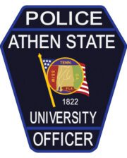 Custom Embroidered patch police Athen State University Officer a blue and white sign with a flag and a flag