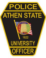 Custom Embroidered patch police Athen State university Officer a black and yellow sign with yellow text