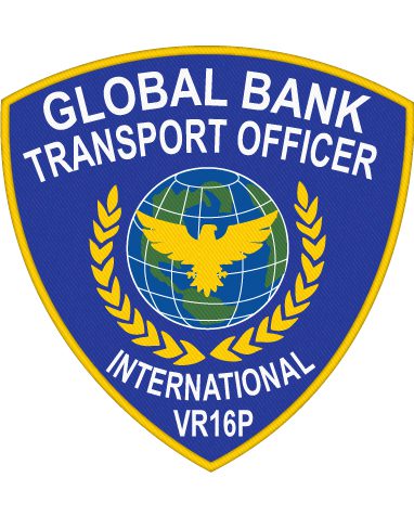 Sewable patches Global Bank Transport Officer International patches a blue triangle shaped sign with a globe and a bird