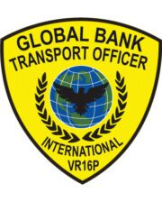 Sewable patches Global Bank transport Officer International a yellow shield with a globe and a bird