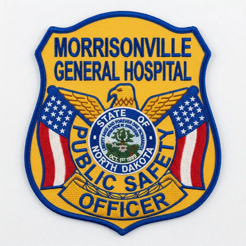 Embroidered gold shield security patch with a royal blue merrowed border, a gold eagle over a state seal, two American flags and royal blue lettering