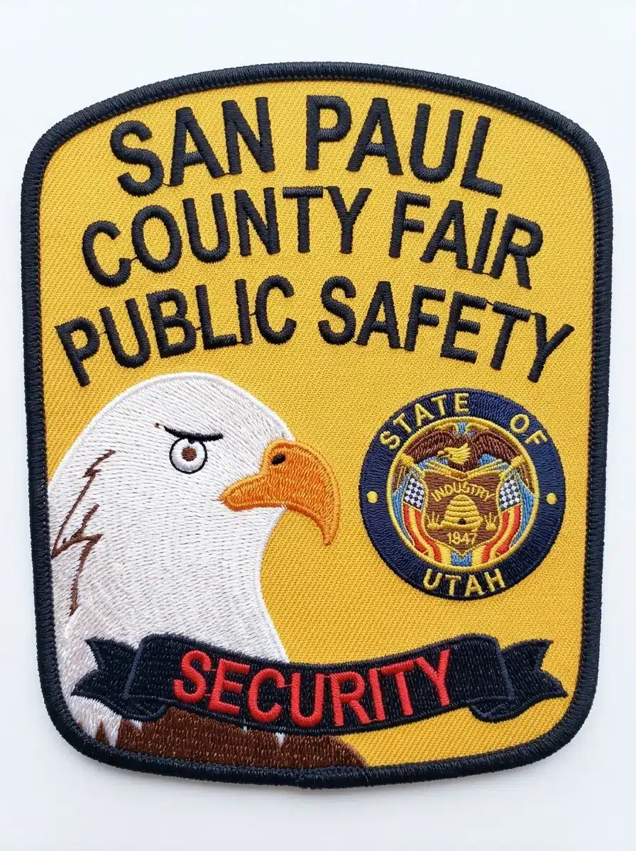 Embroidered gold capsule security patch with a black merrowed border, a large bald eagle head, a navy-ringed state seal, black lettering and a navy ribbon banner