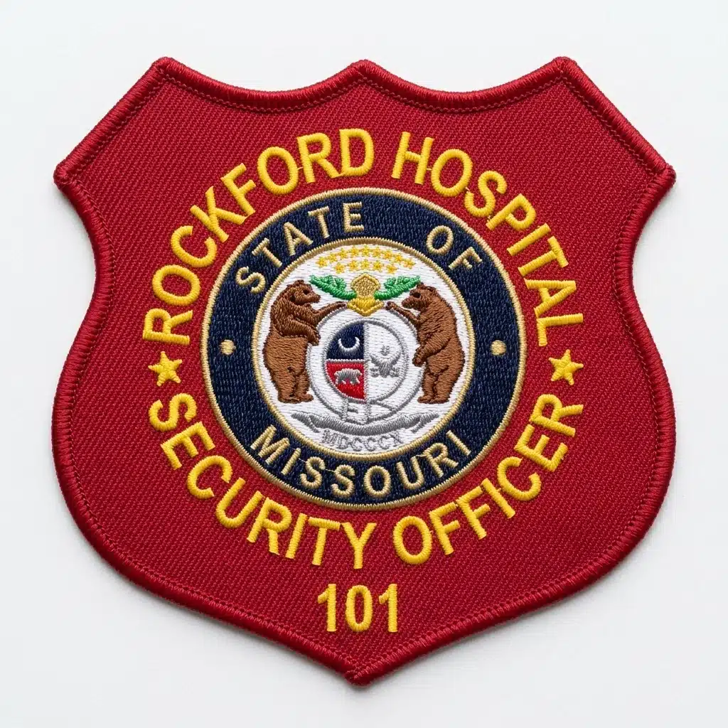 Embroidered red shield security patch with a red merrowed border, gold arched lettering around a navy-ringed state seal and two small gold stars