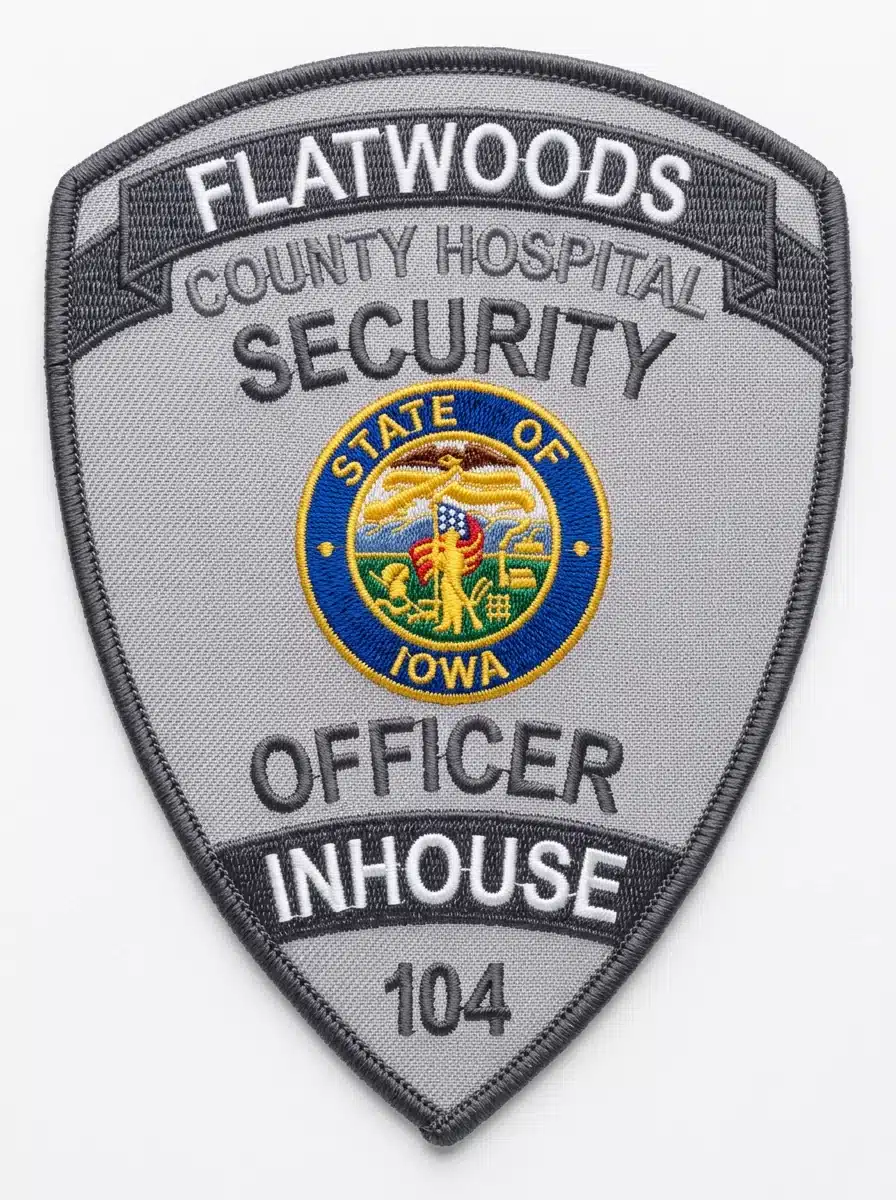 Embroidered light gray pointed shield security patch with a charcoal merrowed border, two dark ribbon banners, charcoal lettering and a full-color state seal