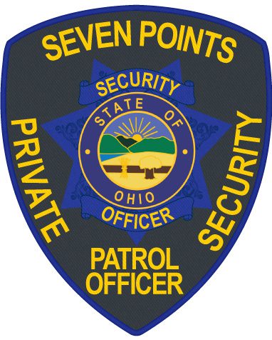embroidered patch seven points private security with state of OHio center seal a close-up of a police badge