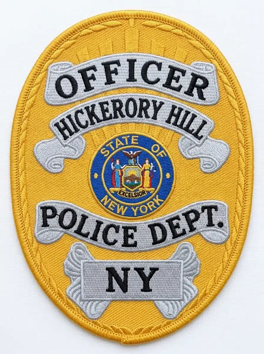 Embroidered gold oval police badge patch with a gold merrowed border, three silver scroll banners with black lettering, a state seal and a silver bottom plate