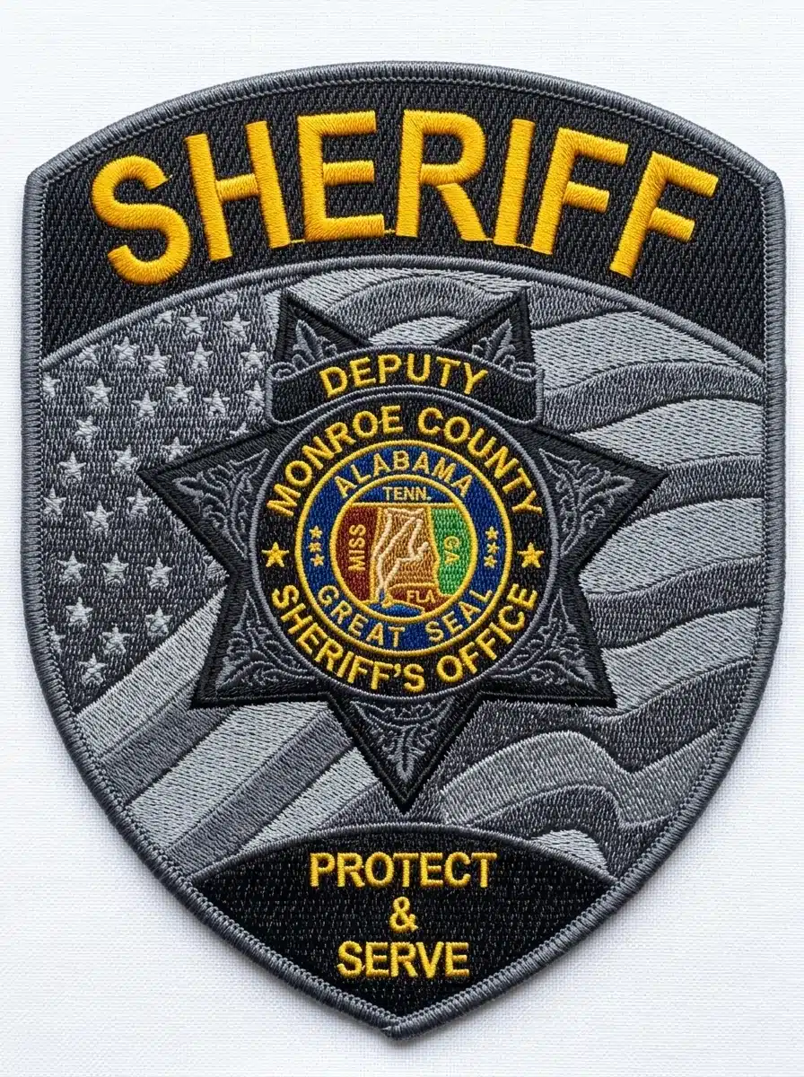 Embroidered black and gray sheriff shield patch with a gray merrowed border, gold lettering, a gray waving flag background and a black seven-point star around a color seal