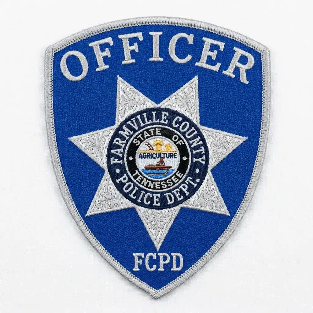 Embroidered royal blue shield police patch with a silver merrowed border, silver lettering and a silver seven-point star around a navy-ringed state seal