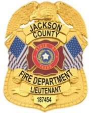 Fire Department badge a gold badge with a red and blue emblem