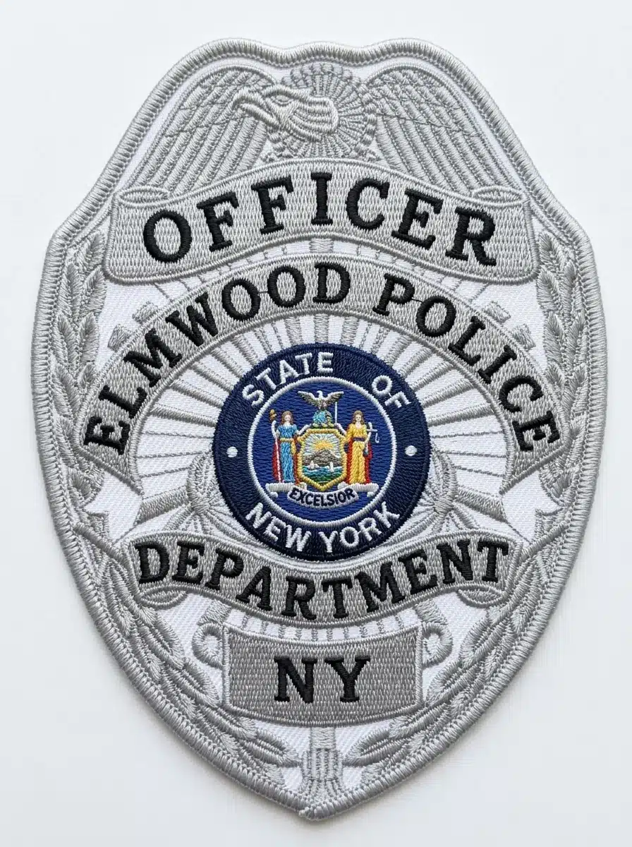 Embroidered silver police badge patch with a spread eagle at the top, laurel sprays down both sides, black lettering on gray banners and a full-color state seal at the center
