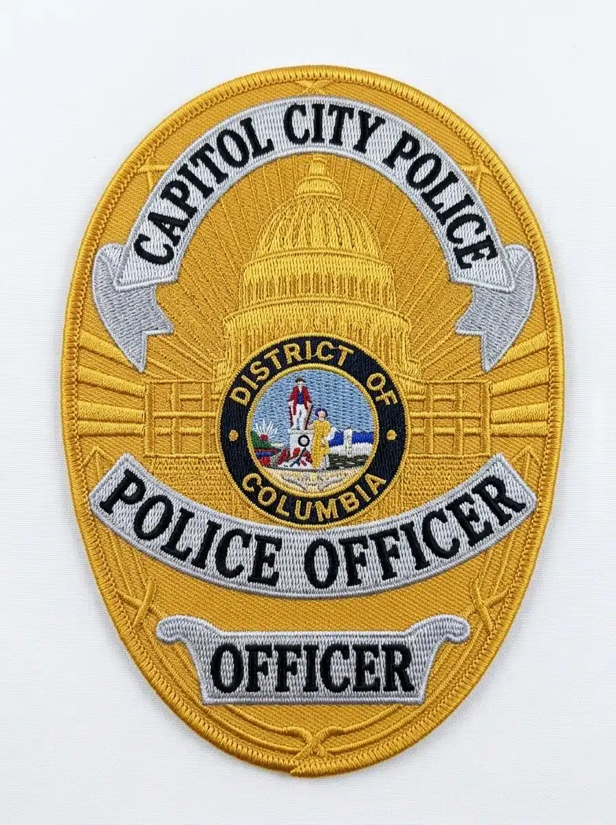 Embroidered gold oval police badge patch with a domed government building behind a full-color round seal, black lettering on silver ribbons and a gold merrowed border