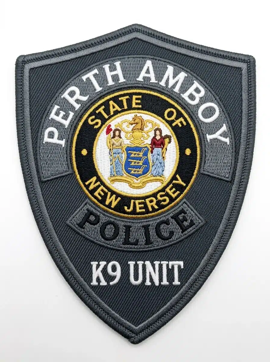 Embroidered charcoal gray shield police patch with white arched lettering, a full-color state seal in a gold and black ring, a gray center band and a charcoal merrowed border