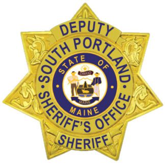 badge sheriff a gold star shaped badge with blue and yellow text