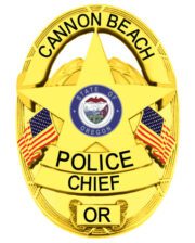 police badge Cannon Beach Police Chief gold badge with black text and center start. Style # 27-a1