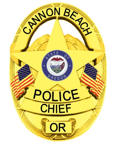 police badge Cannon Beach Police Chief gold badge with black text and center start. Style # 27-a1
