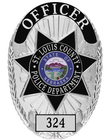 Badge for police St. Louis County police Department with star and silver text.