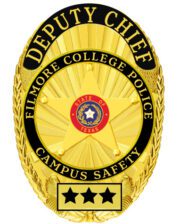 badge cop Filmore College Police campus Safety Deputy Chief gold badge with black text. Style # 11-d25r