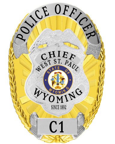 West St. Paul Wyoming Police Officer Chief Gold badge with eagle top shield. Style # 11-13b12