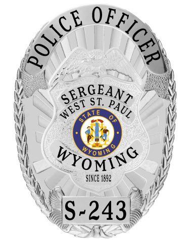 police officer badge West st. Paul Wyoming Police Officer Sergeant Silver badge with eagle top shield in the center. Style # 11-13b12