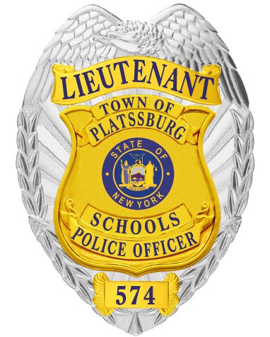 police badge Town of Platssburg Schools Lieutenant Silver badge with blue text. Style # 3C11-13G2