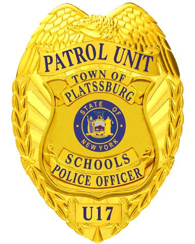 police badge Town of Platssburg Schools Police Officer gold badge with blue text. Style # 3C11-13G2