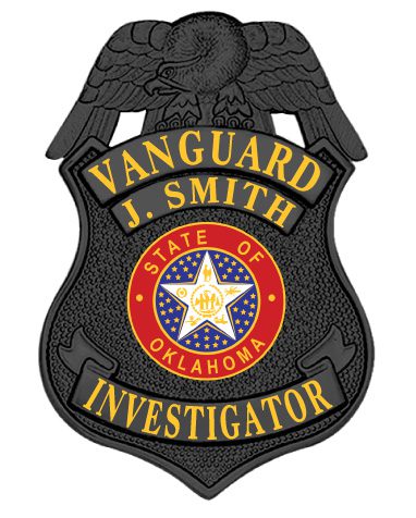 Investigator badge with state of Oklahoma center seal a black badge with a bird and a star