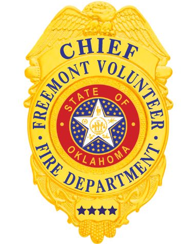 Fire Department badge a yellow badge with a red white and blue star