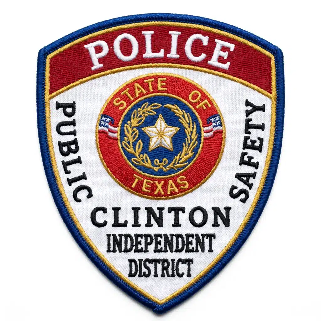 Embroidered white shield police patch with a red top band of white lettering, black side lettering, a red and blue star seal with flag ribbons at the center and a royal blue merrowed border with gold inner line