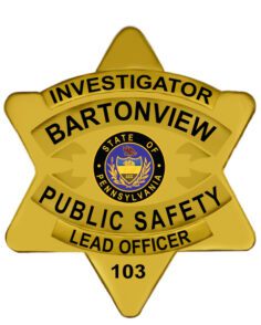 Public safety badge a yellow 6 star shaped badge with black text